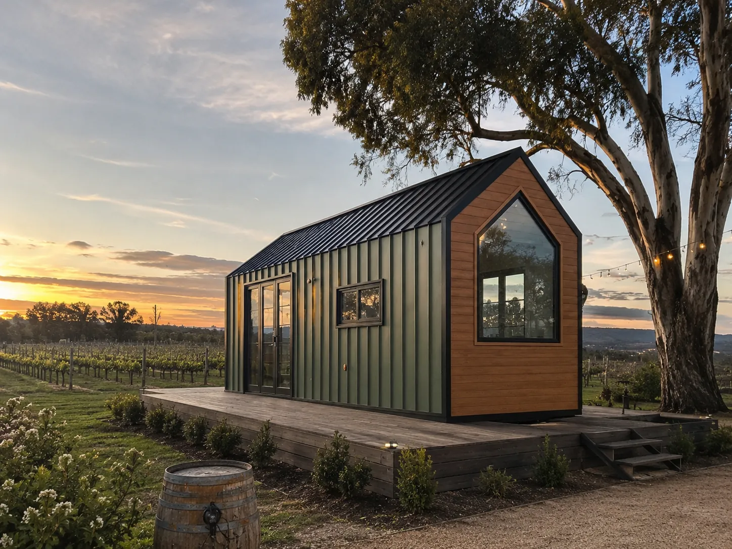 Green clad tiny home with a black gabled metal roof and a timber gable end carrying a tall arched window, sitting on a raised timber deck beside vineyard rows at sunset