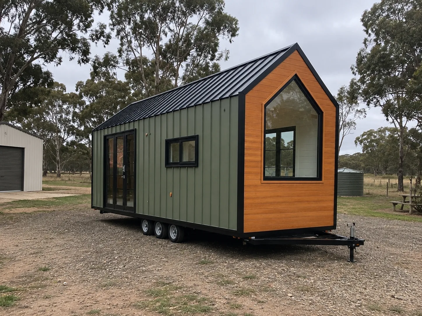 Green and timber clad tiny home on a triple axle trailer with a tow hitch, parked on gravel beside a shed and a water tank on a rural block