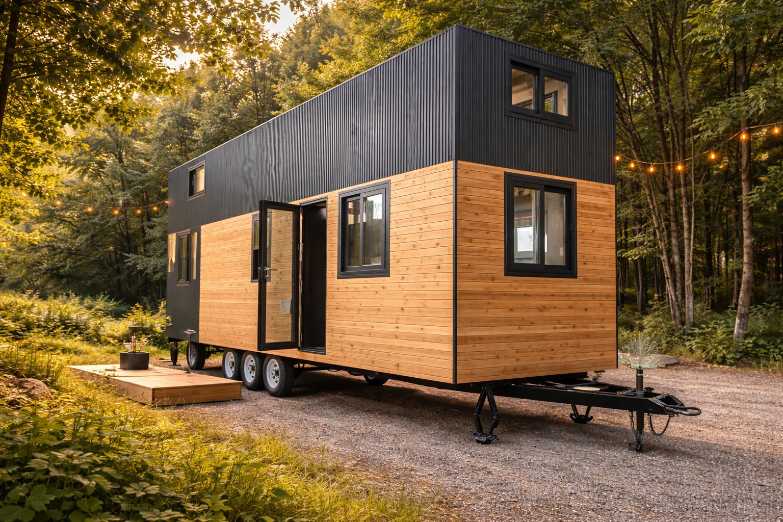 Tiny house on a triple axle trailer, black corrugated cladding above and vertical timber below, a glazed entry door and timber step, parked on gravel in a forest strung with festoon lights