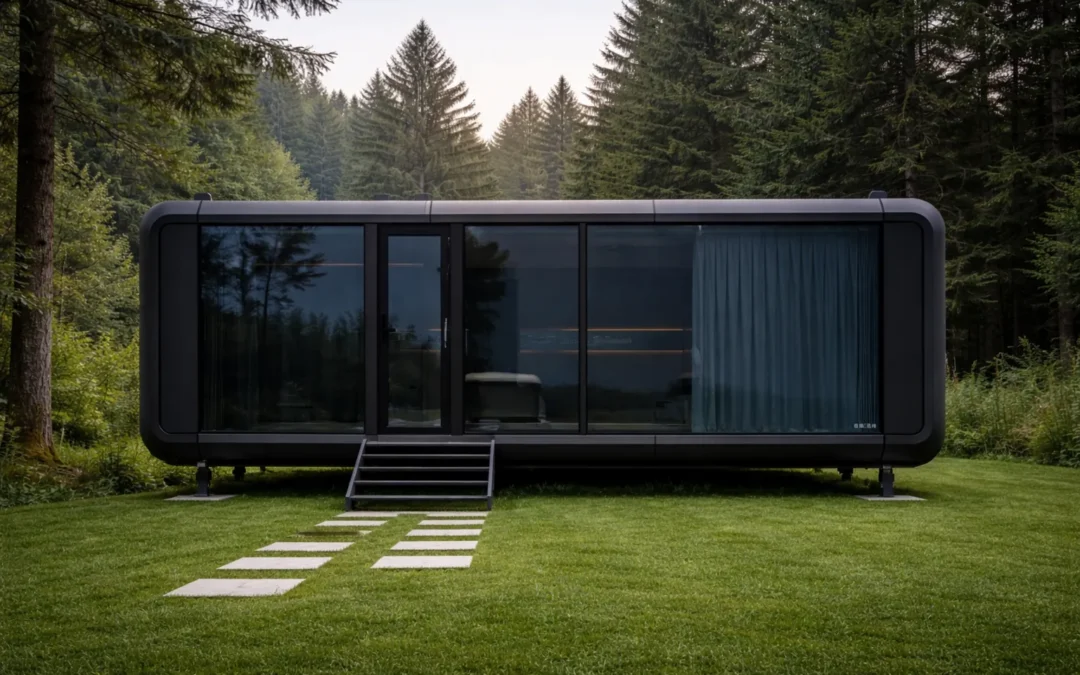 Black capsule tiny home with rounded corners and full height dark glazing, standing on short pedestal feet on mown lawn with a stepping stone path leading to the entry steps and pine forest behind
