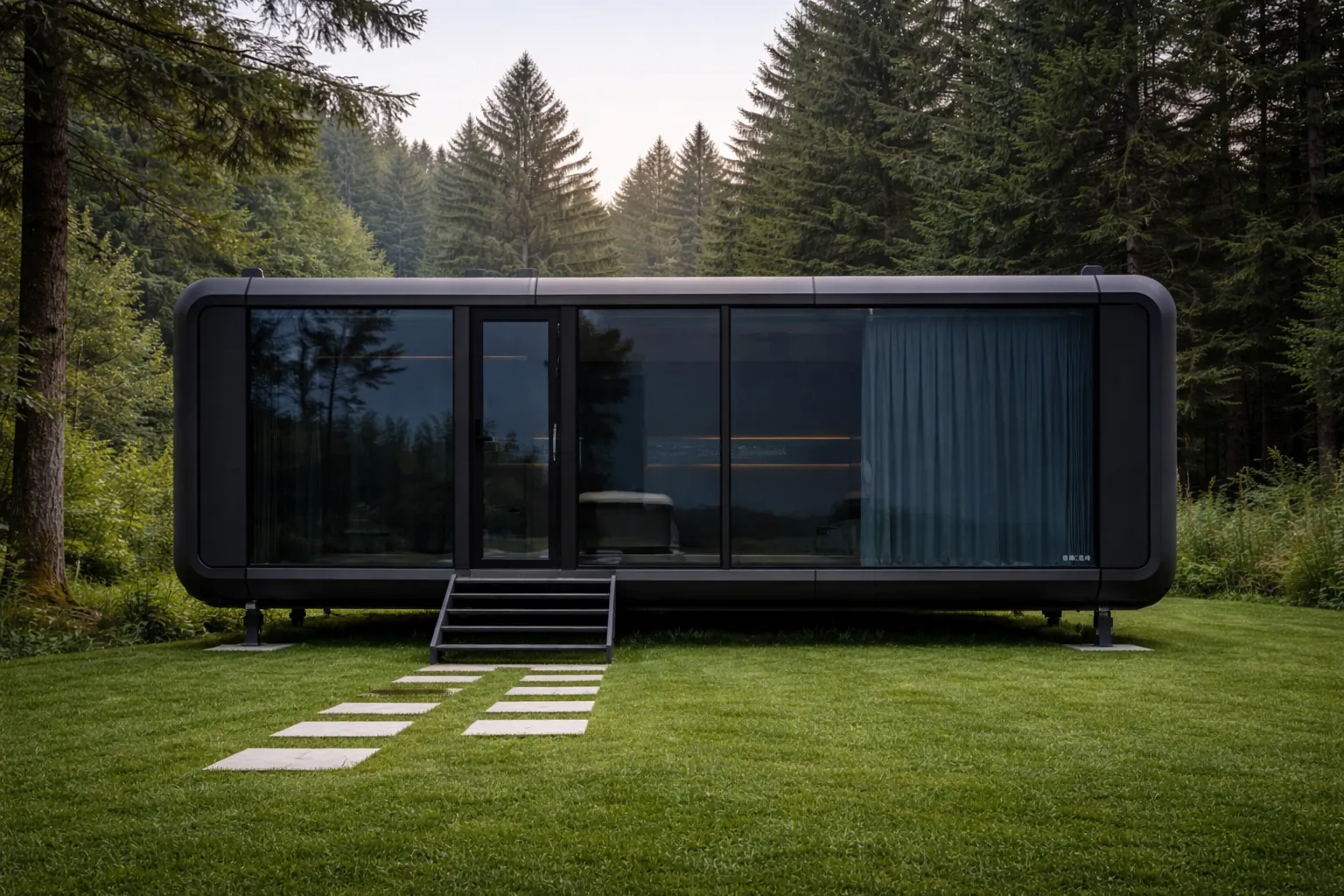 Black capsule tiny home with rounded corners and full height dark glazing, standing on short pedestal feet on mown lawn with a stepping stone path leading to the entry steps and pine forest behind