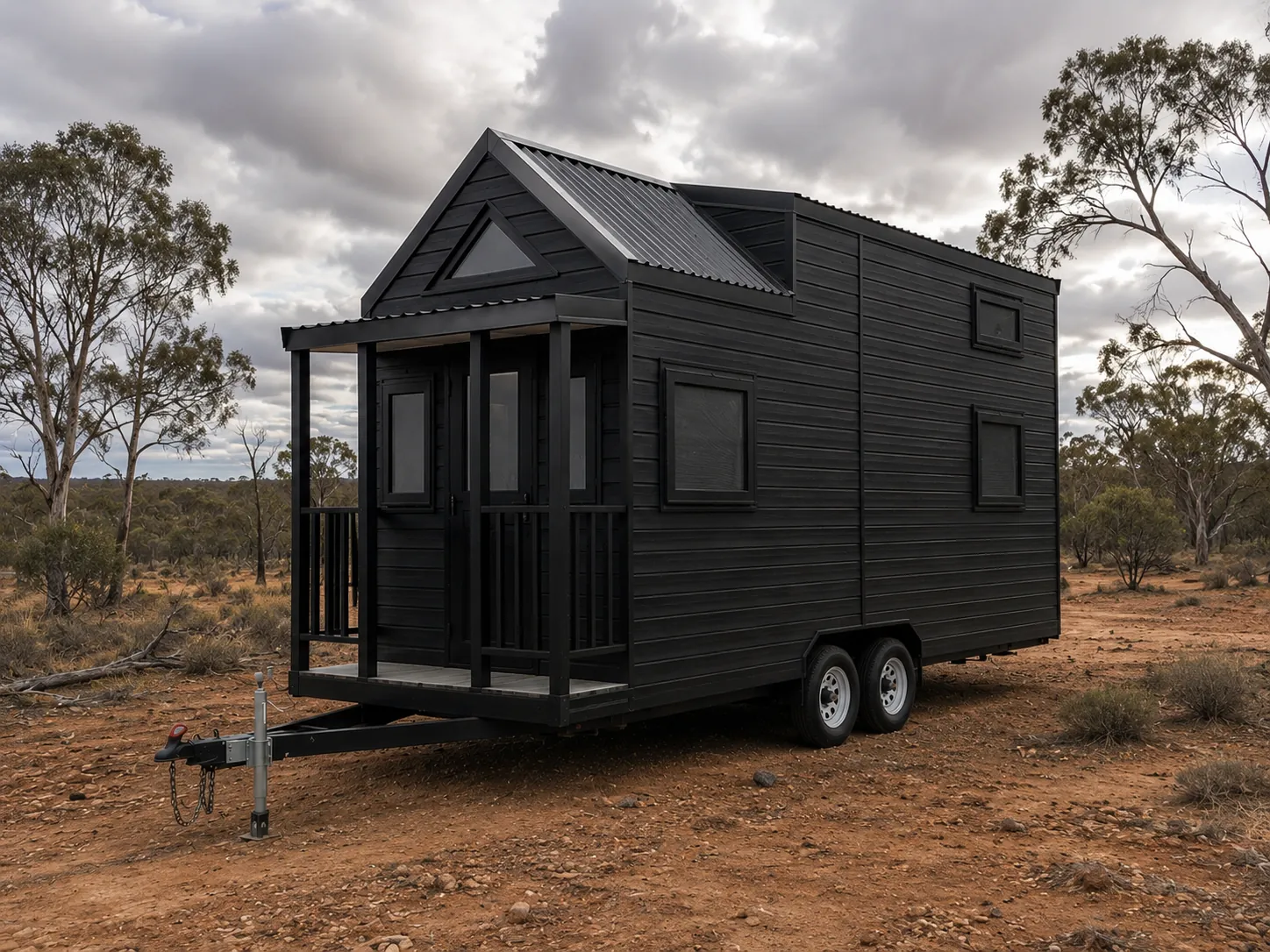 Black tiny house on a tandem axle trailer with a gabled metal roof and a covered front porch with timber posts and balustrade, parked on red dirt in open bushland under a cloudy sky