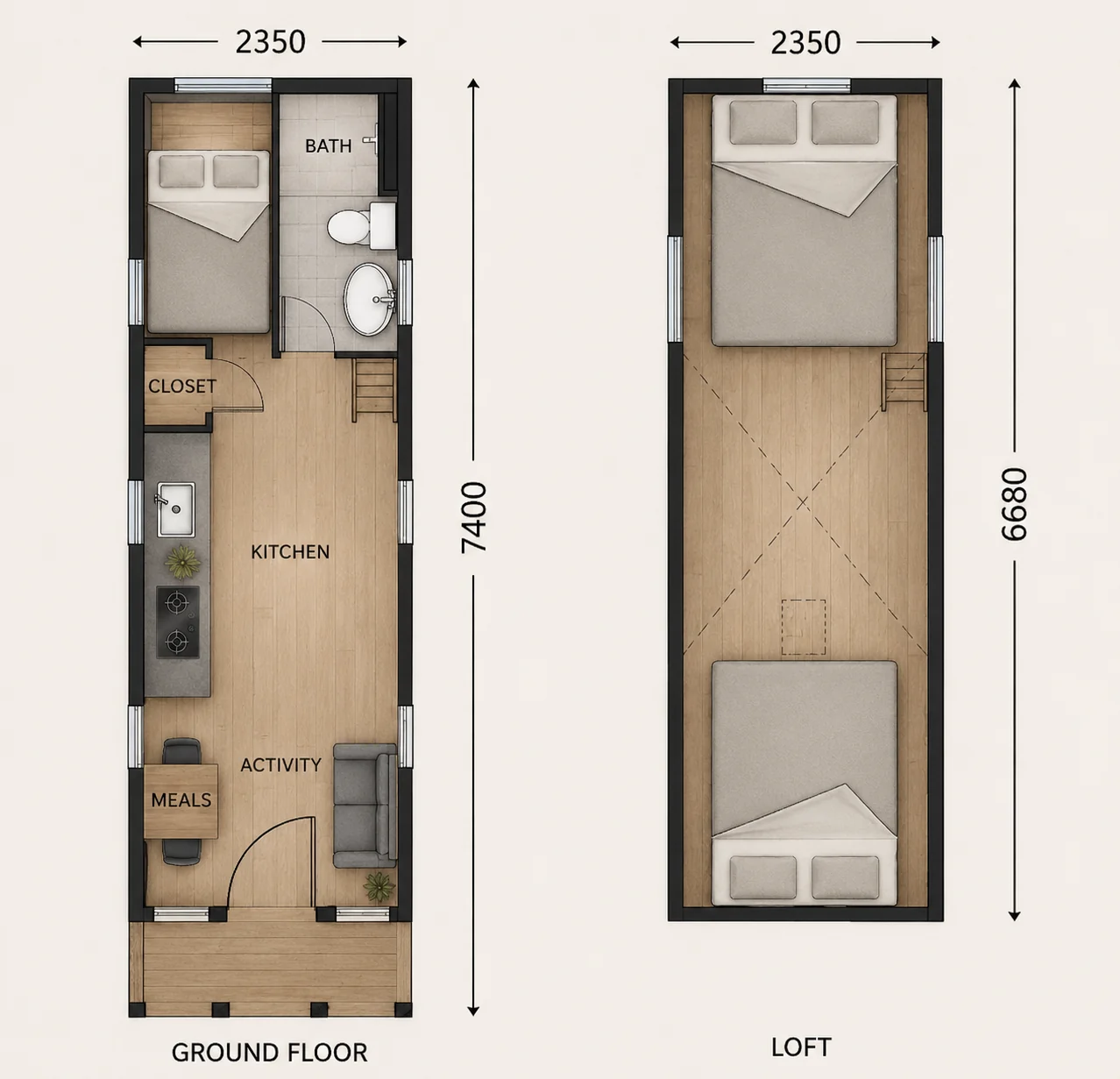 Coastal Cruiser tiny house ground-floor and loft floor plan