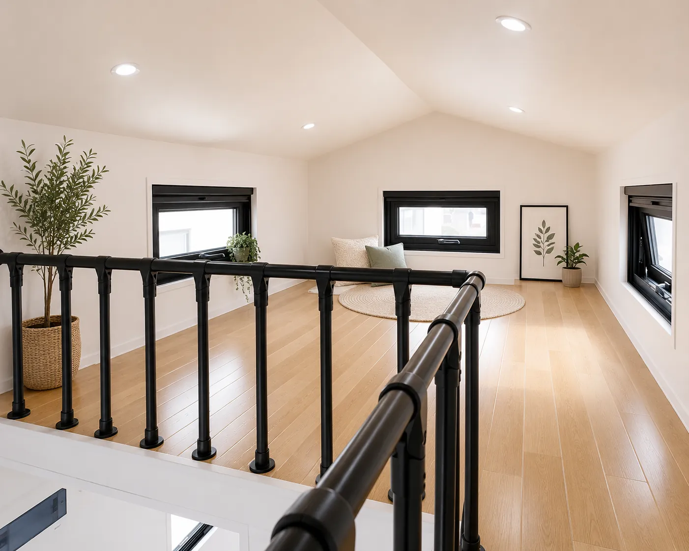 Loft level of a tiny house seen over a black pipe balustrade, with pale timber floorboards, a raked white ceiling, two black framed awning windows and a round jute rug