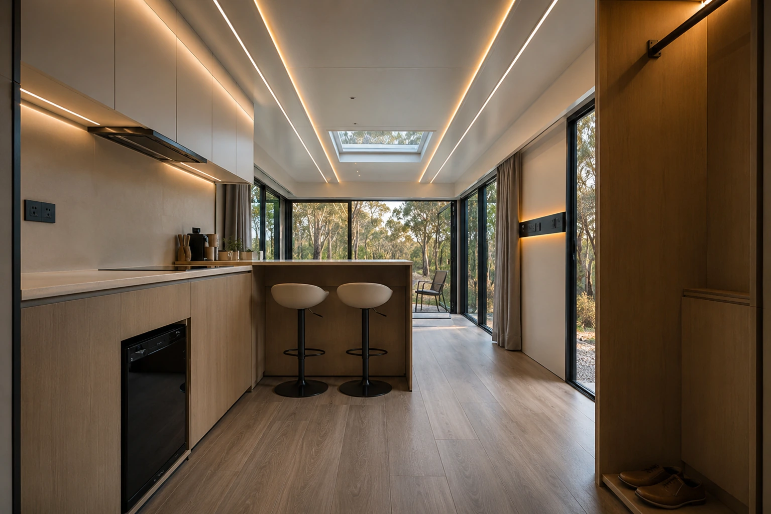 Galley kitchen in a compact modular home with pale timber cabinetry, a stainless rangehood over an induction cooktop, an under bench oven, two round stools at the breakfast bar and glazing to a deck at the far end