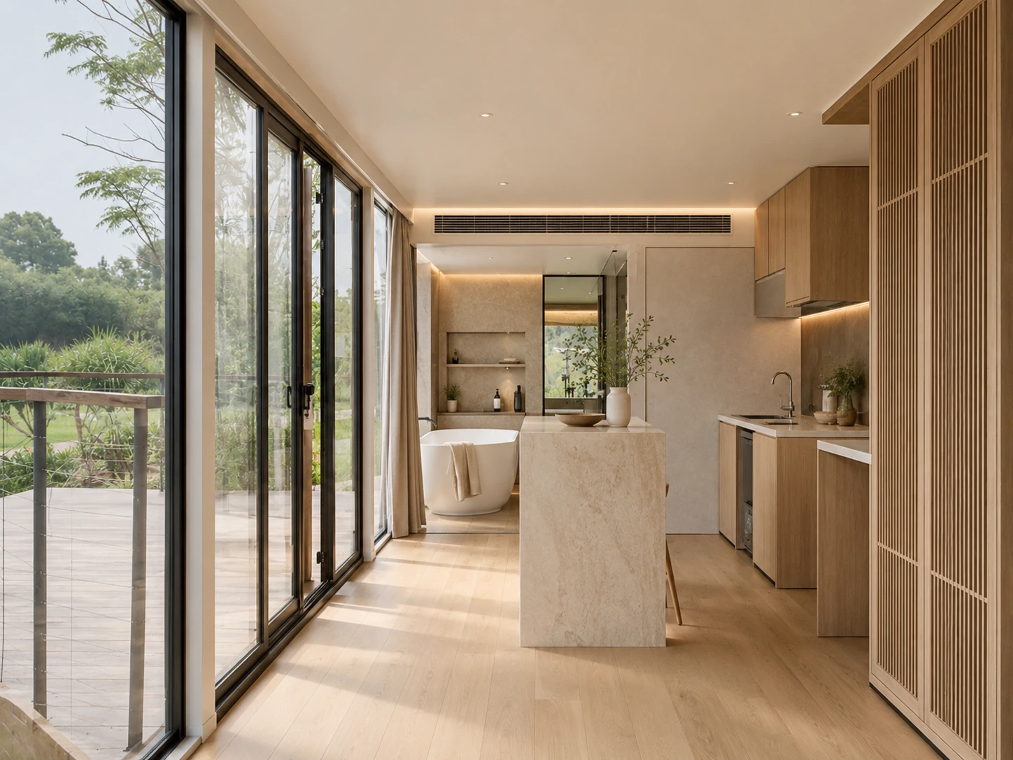 Open plan granny flat interior with oak floors, a pale island bench, timber kitchen joinery and a freestanding oval bath at the far end, opening onto a deck through full height sliding doors