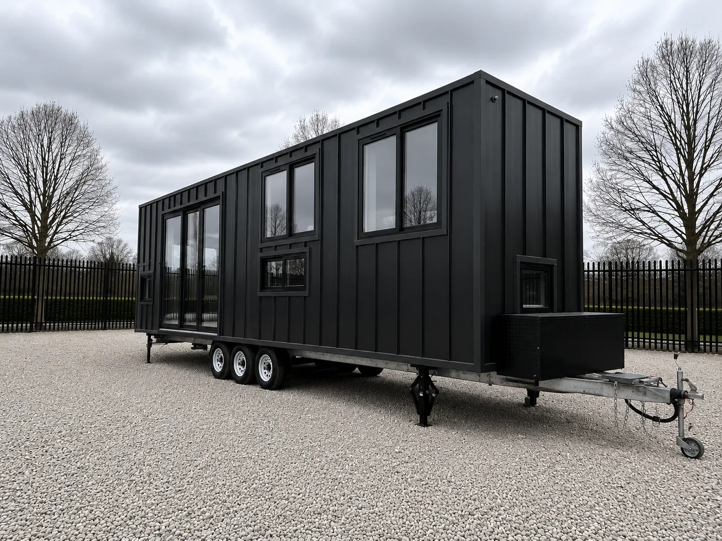 Tiny house on a triple axle trailer with black board and batten cladding, large black framed windows and full height glazed doors, a toolbox on the galvanised drawbar, standing on a pale gravel pad