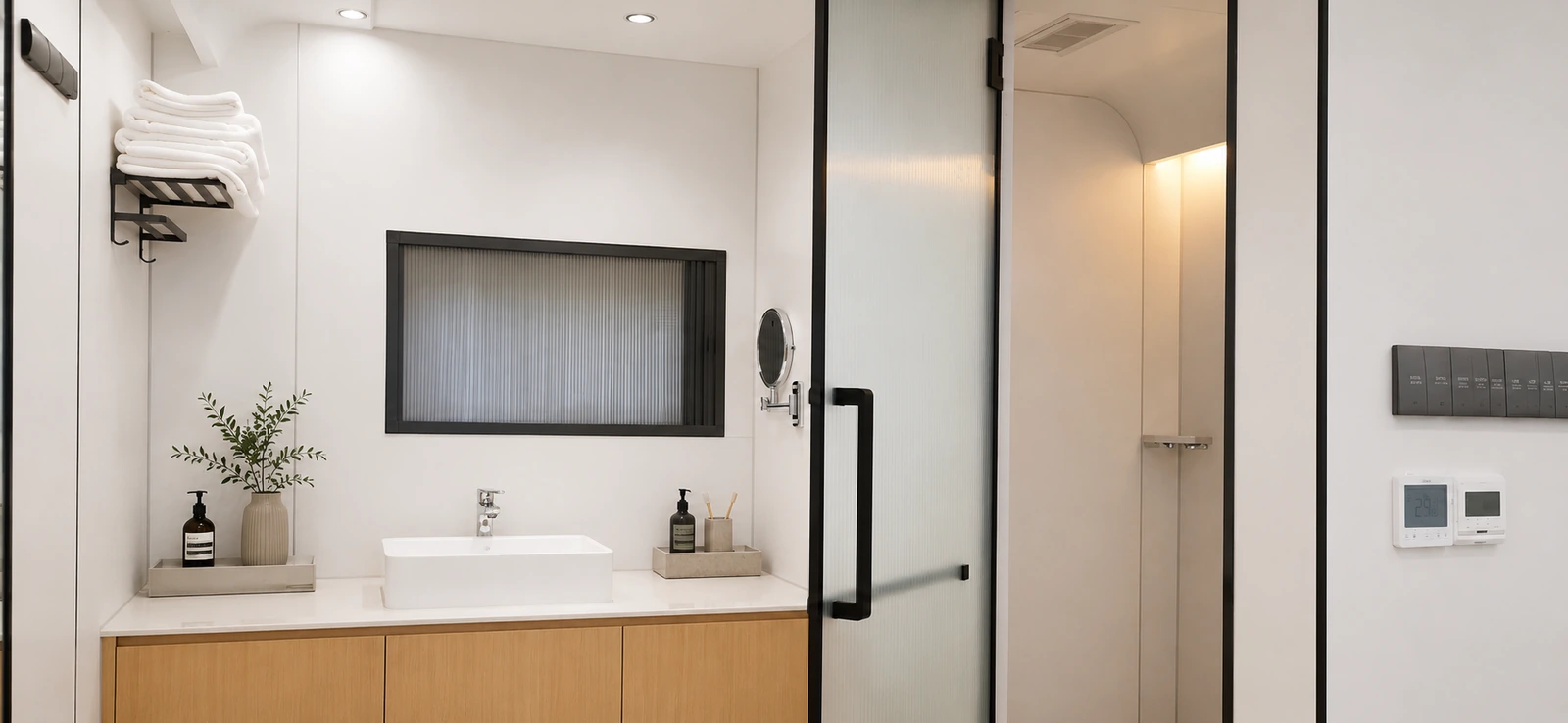 Modular Homes Perth Bathroom Interior Bathroom in a modular home with a white basin on a timber vanity, a framed mirror recessed into the wall, folded towels on a black shelf and a glazed shower beyond