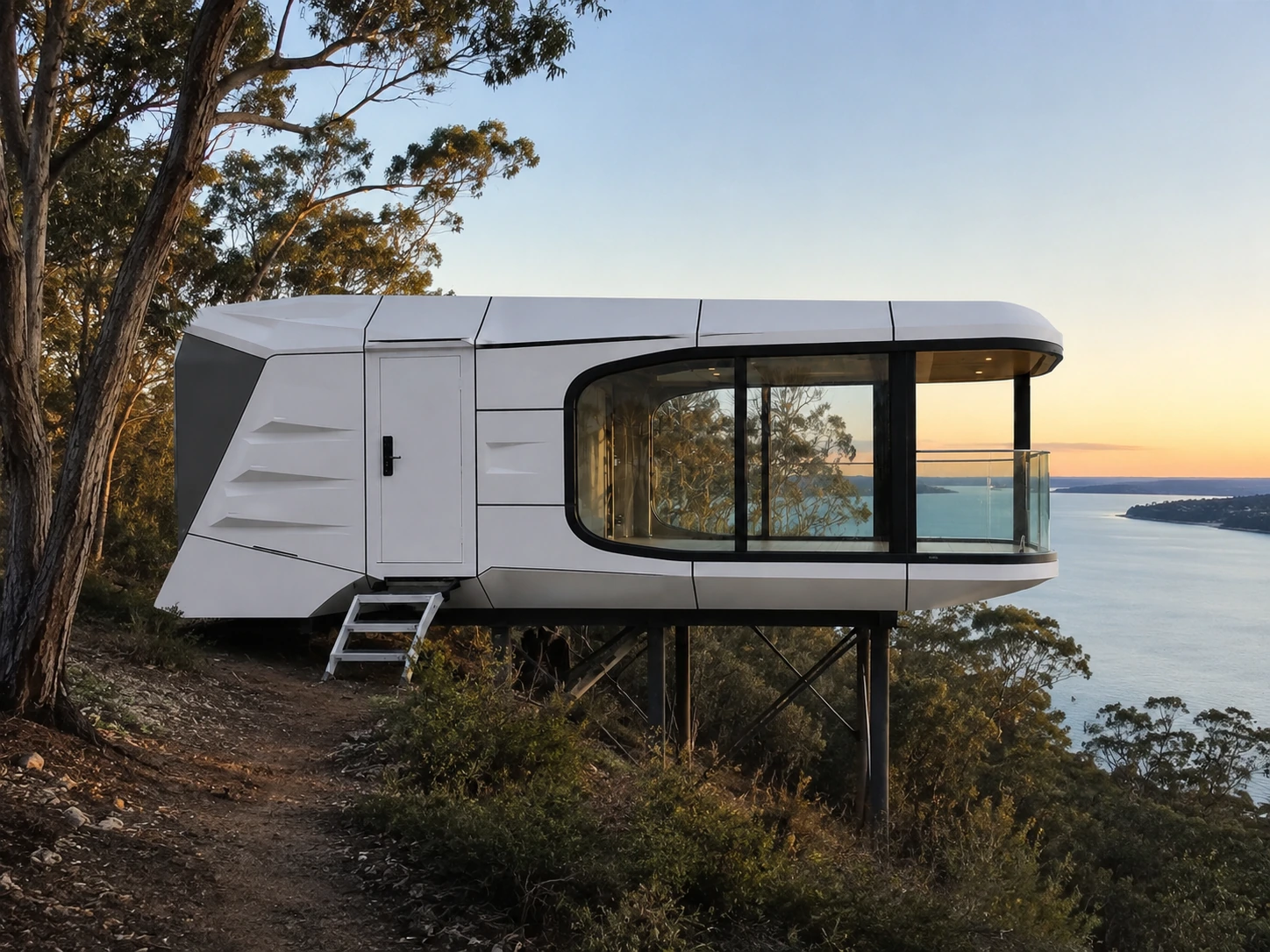 Modular Homes Perth Coastal Exterior White capsule home on braced steel columns at the edge of a coastal clifftop, with curved glazing and a glass balustrade overlooking open water at dusk