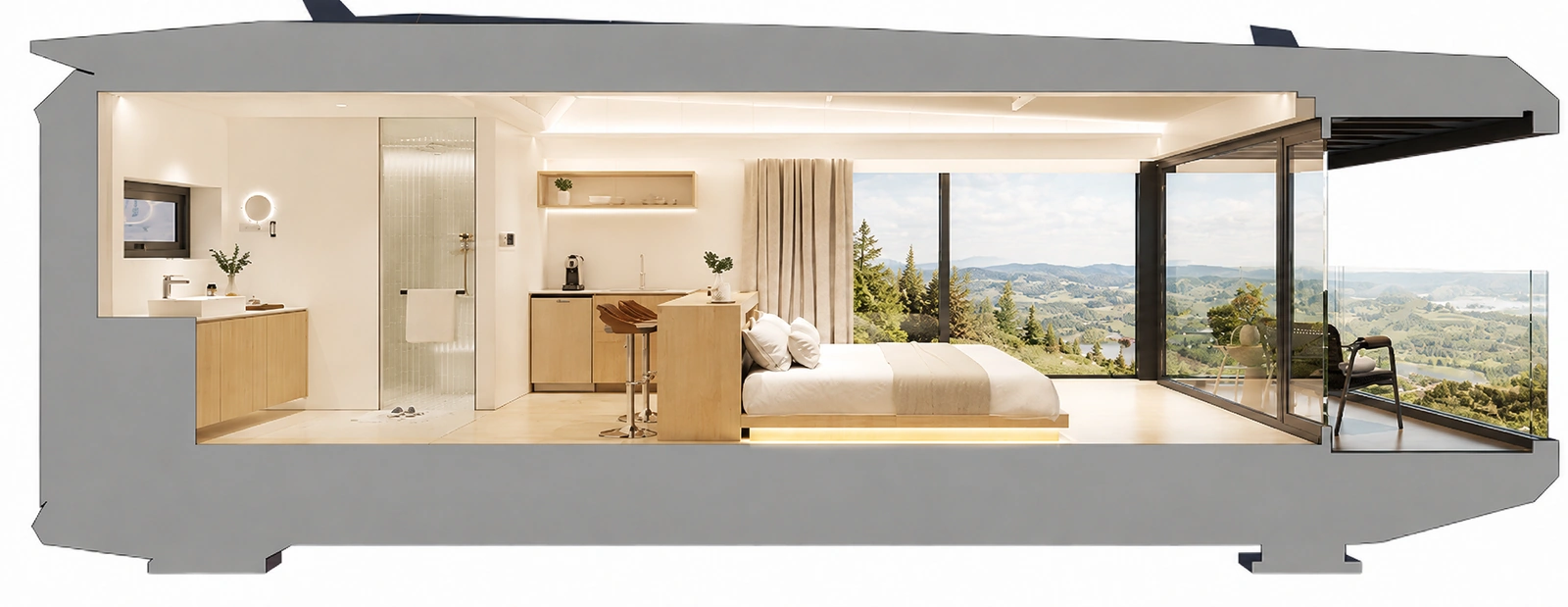 Modular Homes Perth Cutaway Layout Cutaway along a capsule home showing a vanity and mirror, a glazed shower, kitchen joinery with a stool at the bar, a bedroom, then glazed doors opening to a deck