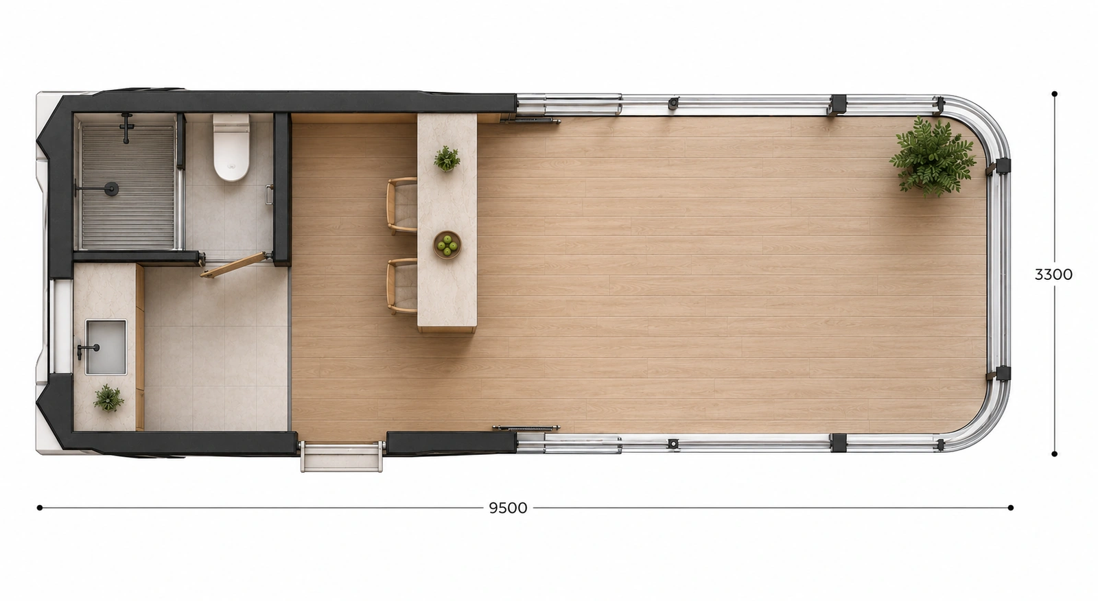 Modular Homes Perth Floor Plan Overhead layout 9500 by 3300 mm overall, with a shower, toilet and vanity in a tiled wet zone at one end, then a stone island bench with two stools and open timber floored living running to the far end