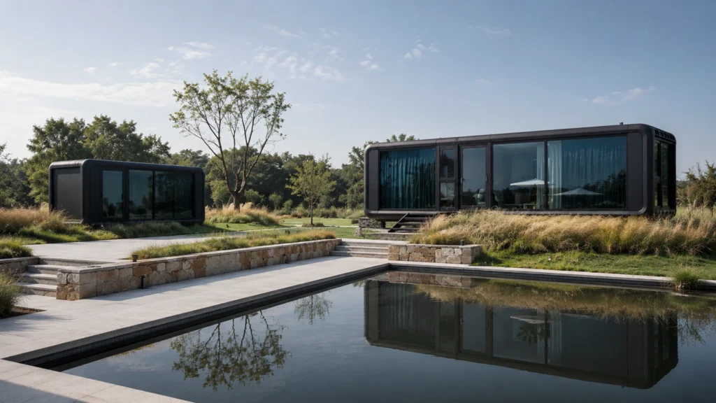 Two black modular cabins with full height glazing set around a stone edged pool