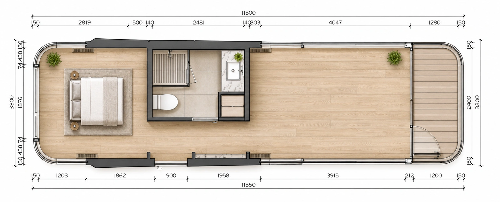 Overhead layout 11500 by 3300 mm overall, with a bedroom and double bed at one end, a shower, toilet and vanity in the centre, open living through the middle and a 1280 mm deck at the far end