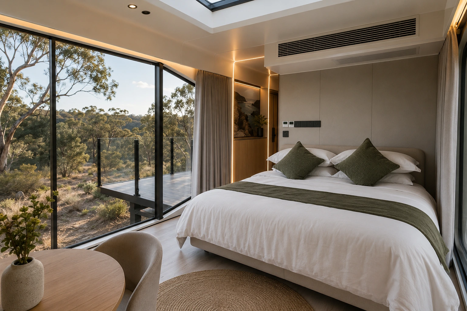 Bedroom with a queen bed in white linen and olive cushions facing curved full height glazing, a glass balustrade deck outside and eucalypt bushland beyond, with a skylight and a round timber table