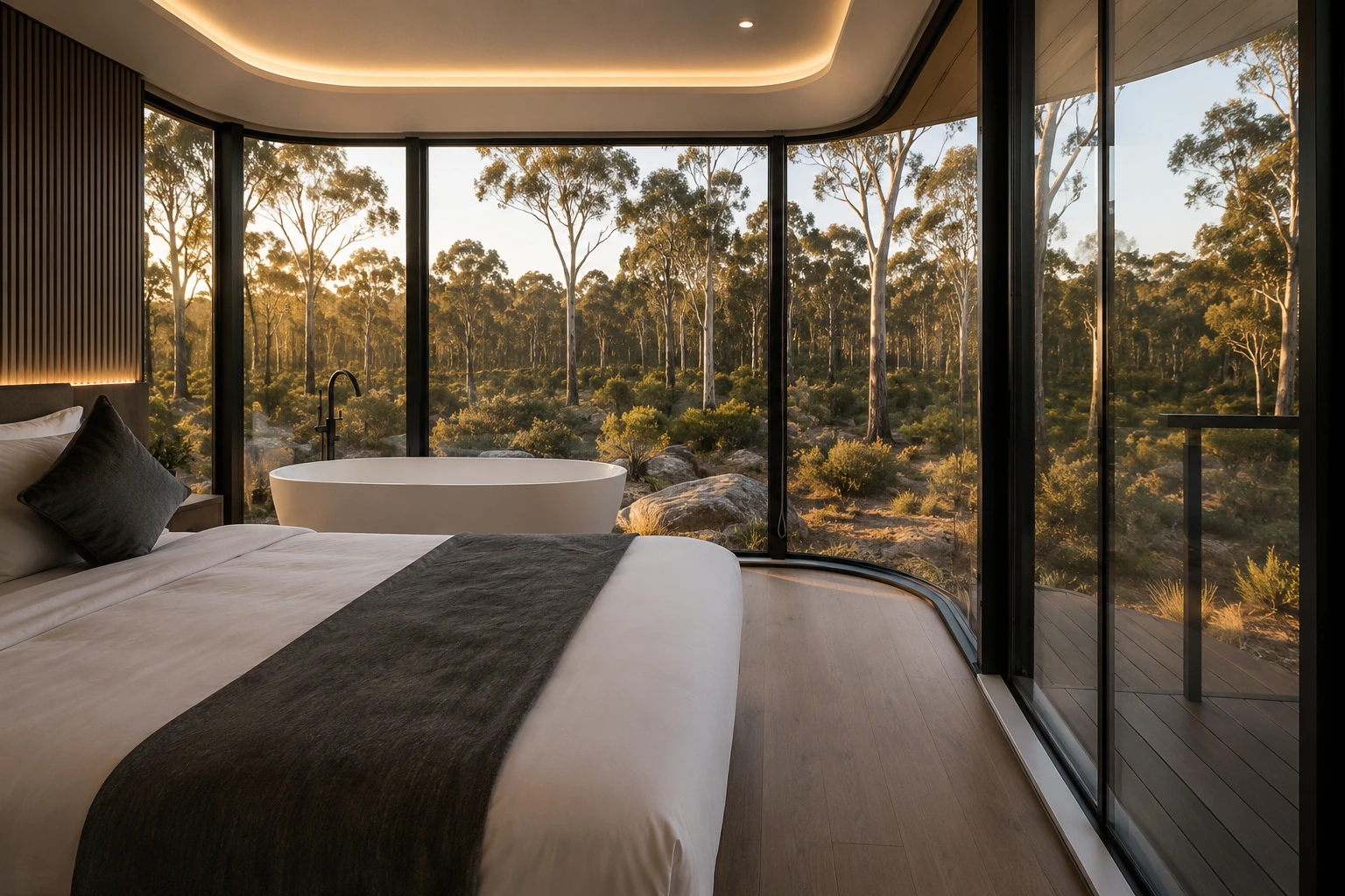 Bedroom with a timber batten headboard wall and a freestanding oval bath set against curved floor to ceiling glazing, looking out over a deck to eucalypt bushland at sunrise