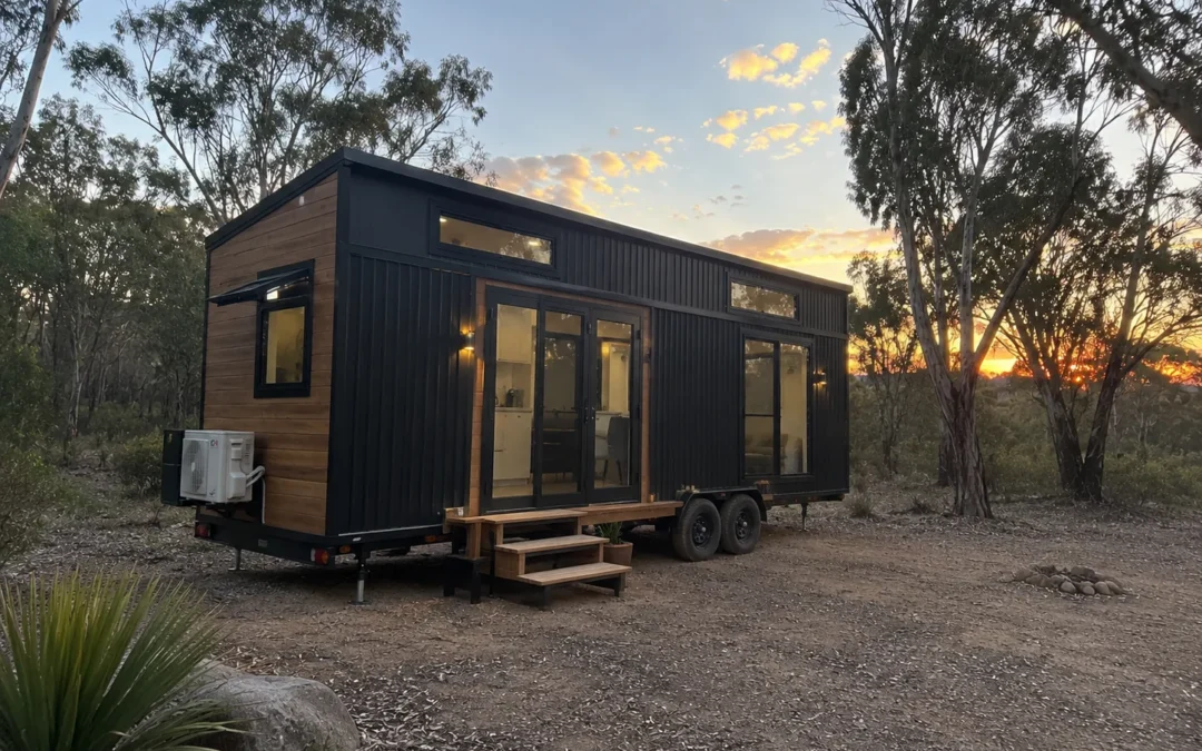 Tiny home on a tandem axle trailer with black corrugated and timber cladding, lit glazed doors, timber entry steps and a split system condenser on the end wall, parked on gravel among gum trees at sunset