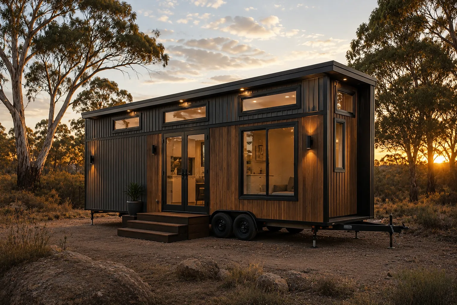Tiny home on a tandem axle trailer with black corrugated cladding at one end and timber at the other, clerestory windows and lit glazed doors showing the kitchen inside, on red dirt with the sun setting behind gum trees