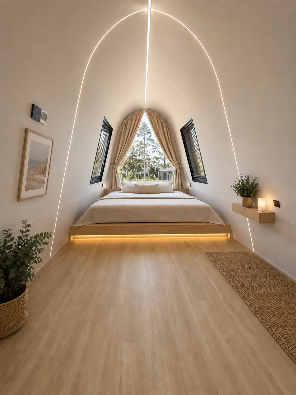 Bedroom loft inside the A frame, bed on a lit timber platform under the arched white ceiling, triangular gable window with curtains and oak look vinyl flooring