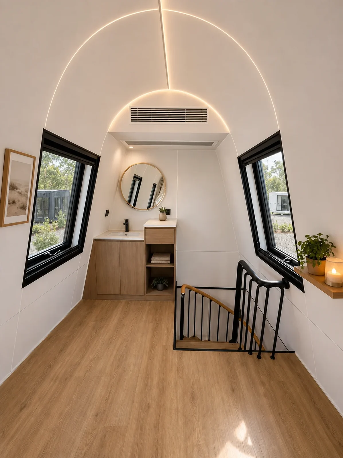 Upstairs landing of the A frame cabin, timber vanity with a round mirror between two angled black framed windows and a black spiral stair going down