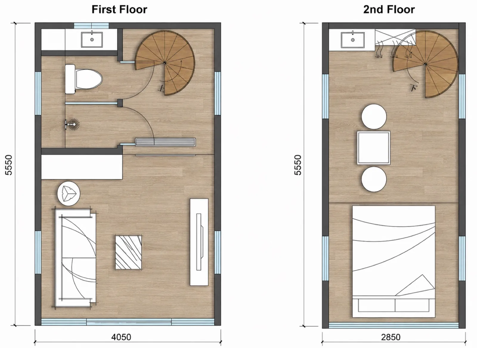 Two level layout, both floors 5,550 mm long, ground floor 4,050 mm wide with bathroom, spiral stair and living area, upper floor 2,850 mm wide with the bed loft