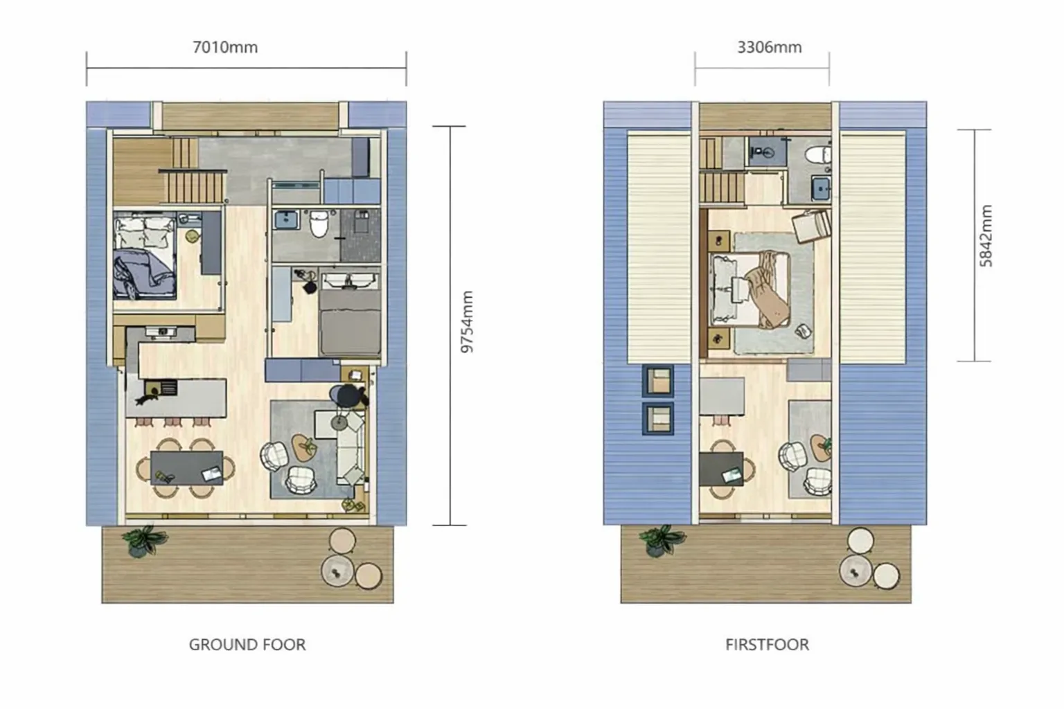 Two floor layouts side by side, ground floor 7,010 by 9,754 mm with bedroom, bathroom, kitchen and living, first floor 3,306 by 5,842 mm with a bedroom and second bathroom