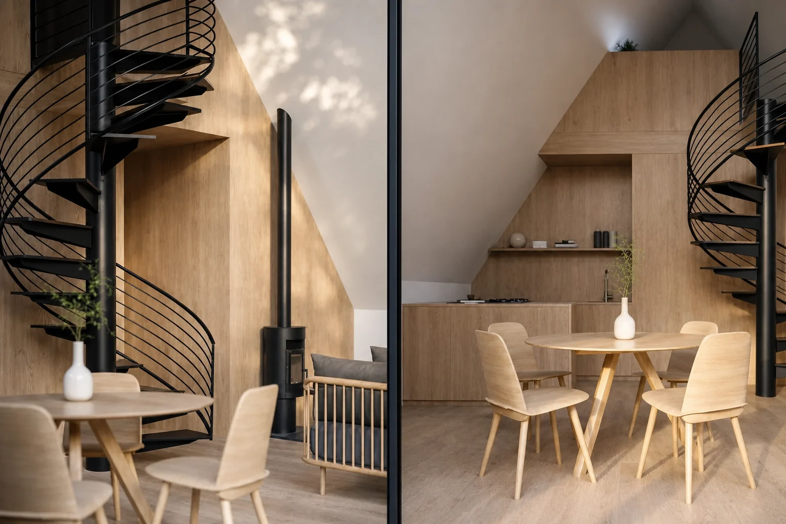 Inside the A frame lodge, black spiral stair beside a freestanding fireplace, timber lined walls and a round dining table with pale timber chairs