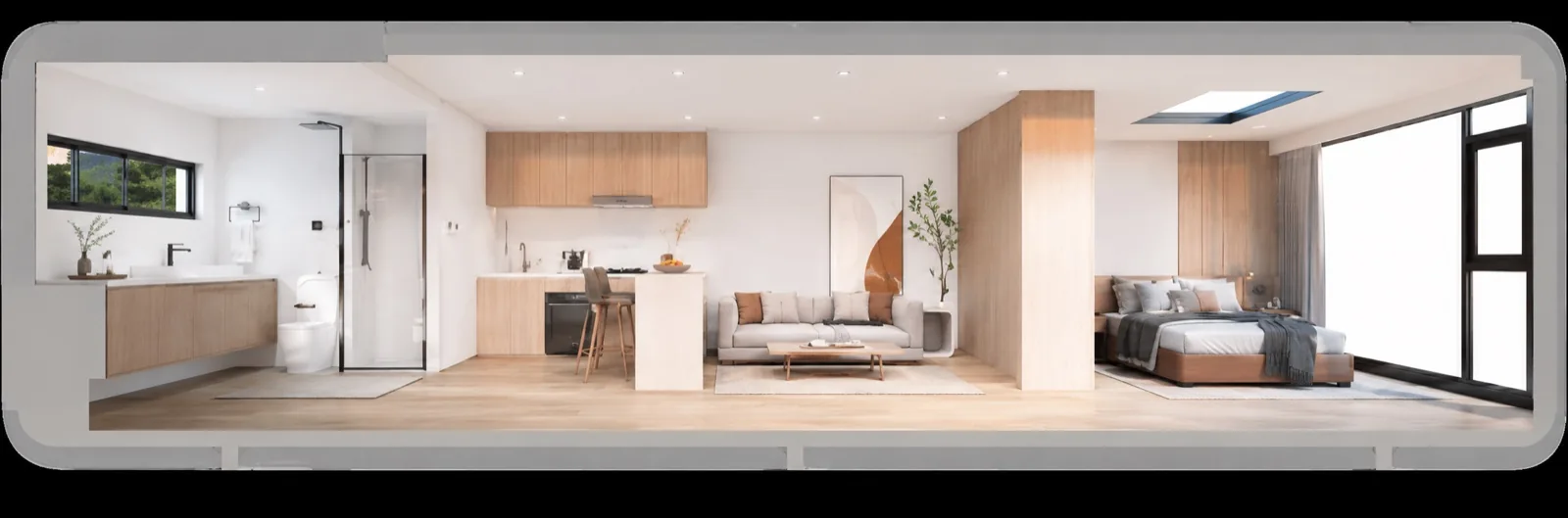 Cutaway of the 11.5 m layout, bathroom and vanity at the left end, kitchen and lounge in the middle and a double bed at the glazed right end