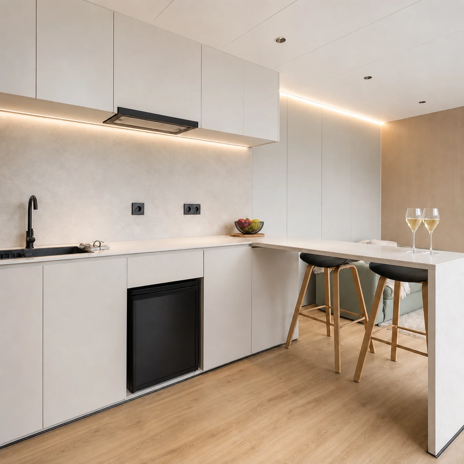 Kitchen inside the capsule home, white handleless cabinets, integrated rangehood, undermount sink and a breakfast bar with two black stools