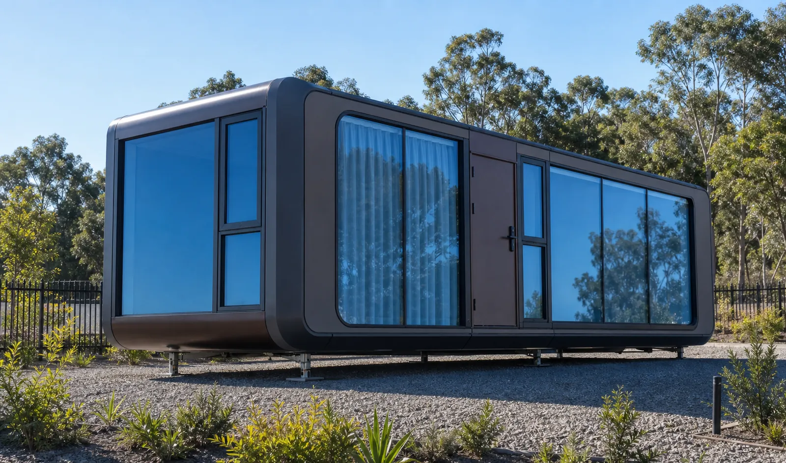 Charcoal capsule home on adjustable steel feet, blue tinted glazing wrapping the nose and one long side, gravel pad and low planting around it