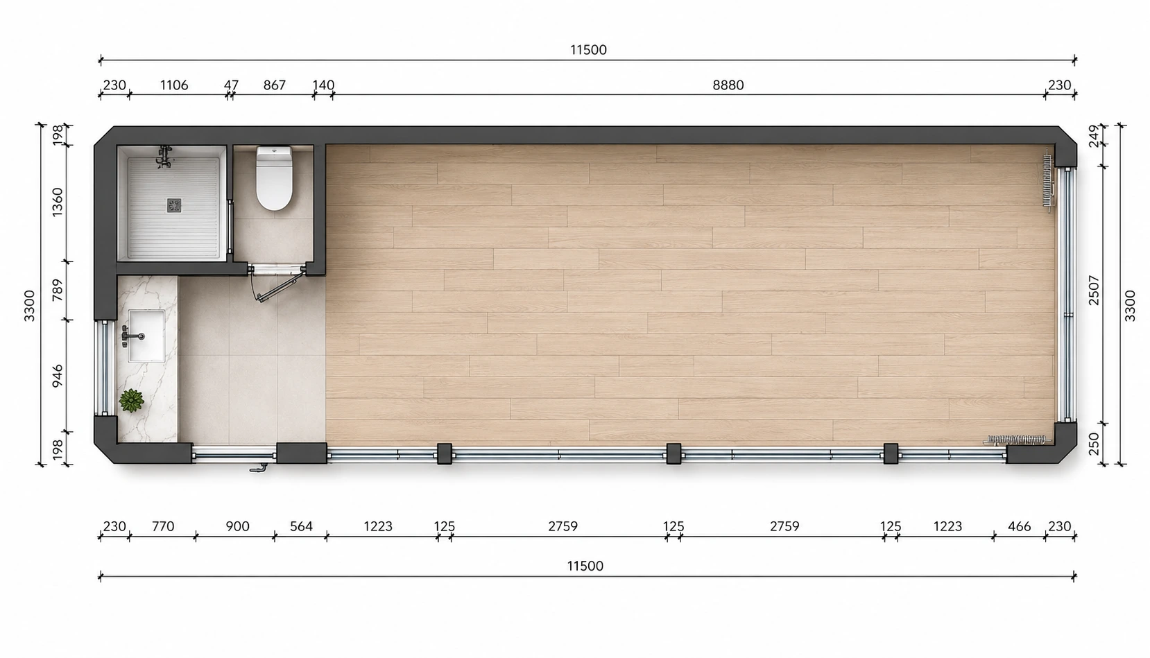 Layout of the 11.5 m capsule measuring 11,500 by 3,300 mm overall, with a shower, toilet and vanity grouped in a wet corner at one end and an 8,880 mm clear open run making up the rest of the shell