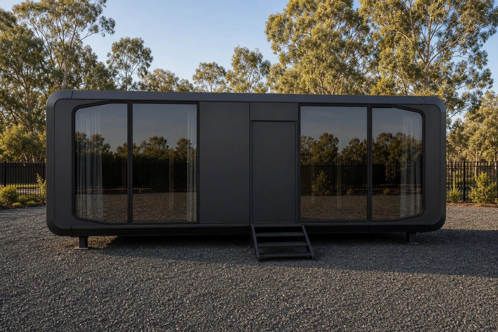 Side elevation of the MD95 capsule home in matte black, two glazed bays either side of a solid centre panel and entry steps