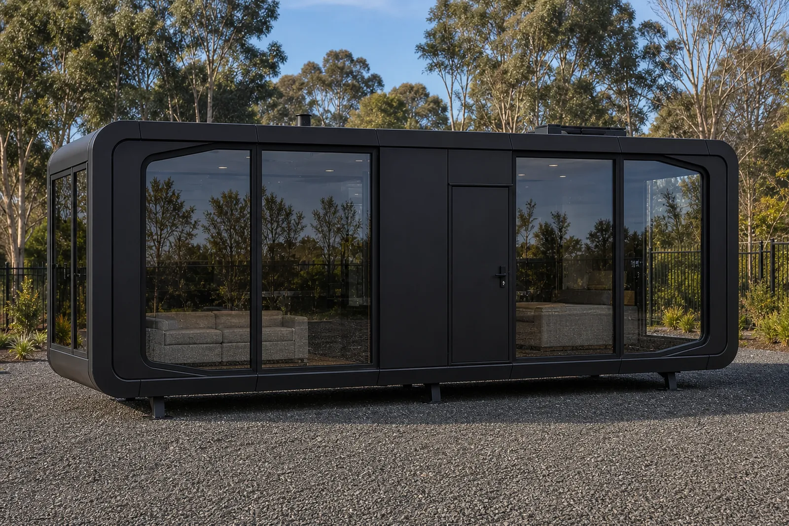 MD95 capsule home from the front corner, the living area visible through full height glass, roof flue and air conditioning unit above