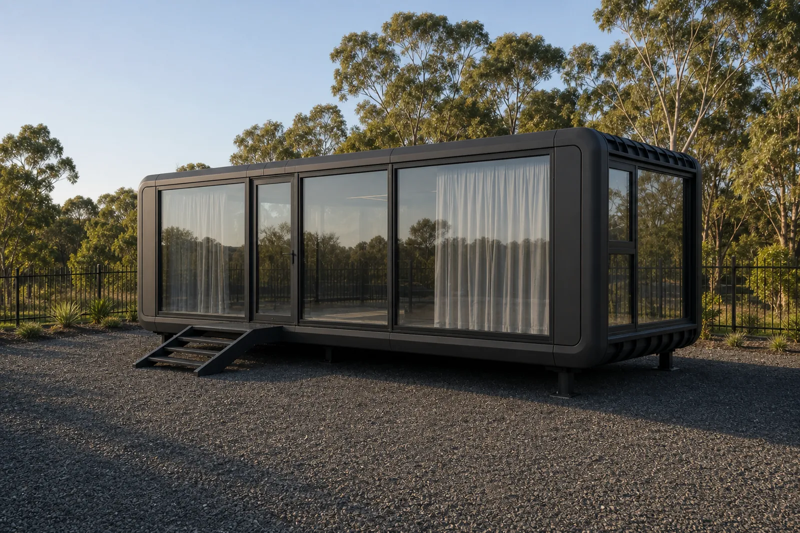 MD95 capsule home from the rear corner at sunset, sheer curtains behind the glazing and a glazed corner window at the far end