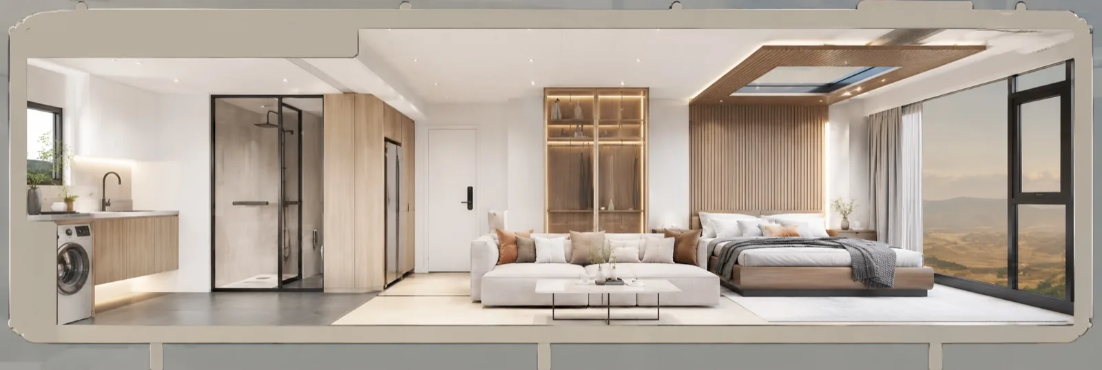 Cutaway of the studio layout, kitchen and laundry at one end, walk in shower and wardrobe, then a sofa and a double bed under the skylight
