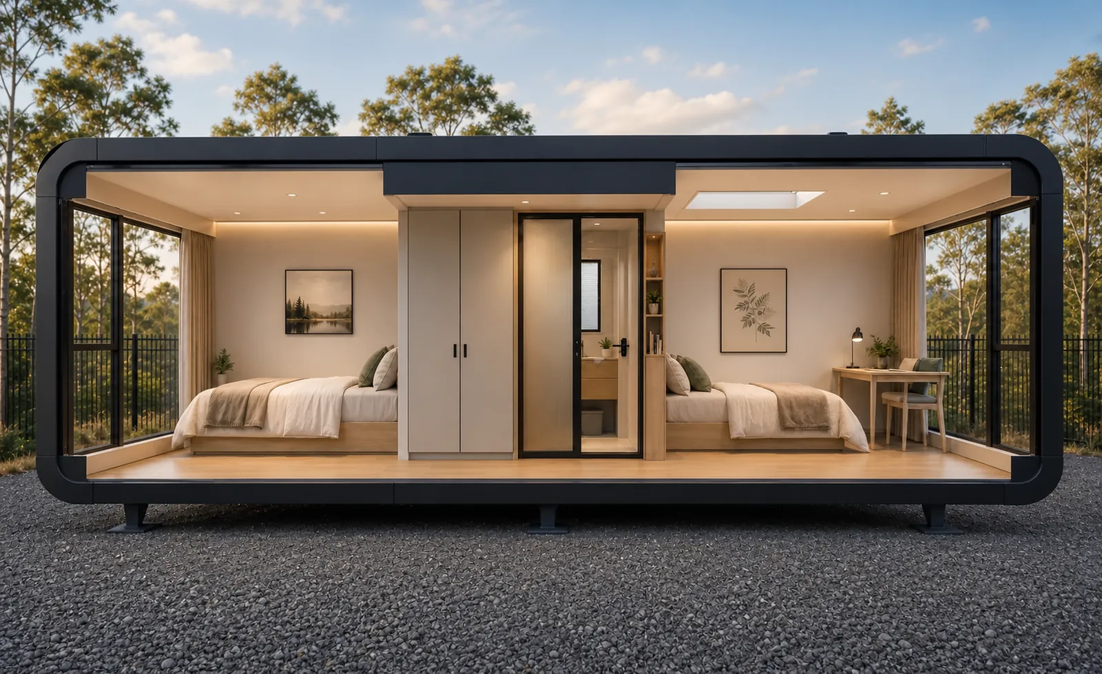 Cutaway of the twin sleeping layout, a bed at each end with a shared wardrobe and bathroom core between them and a desk beside the right hand bed