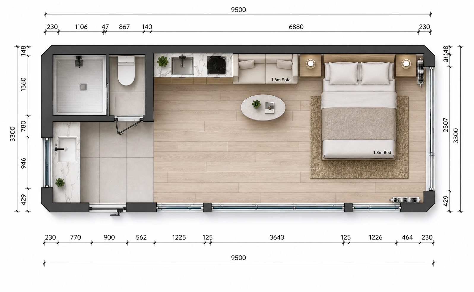 Dimensioned studio layout, 9500 by 3300 mm overall, shower toilet and vanity at the left end, kitchen bench, then a 1.6 m sofa and a 1.8 m bed at the glazed end