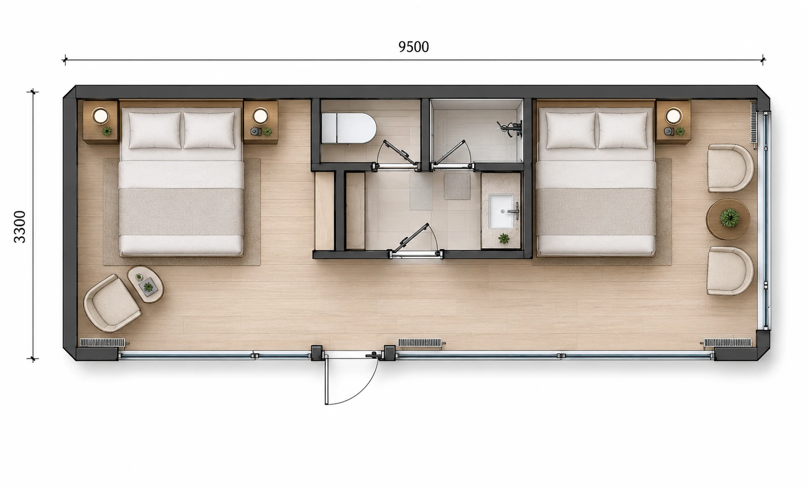 Dimensioned twin sleeping layout, 9500 by 3300 mm overall, a double bed at each end flanking a central toilet shower and vanity core, with armchairs beside the glazing