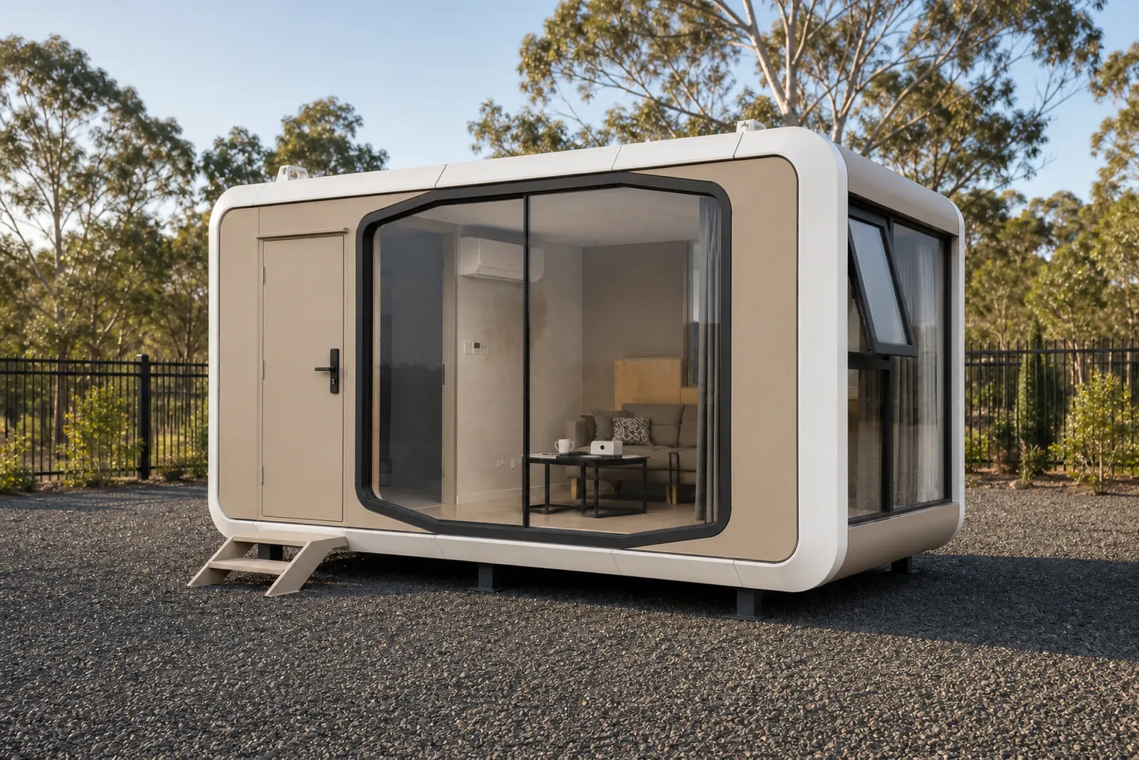 Cream and white 5.6 m capsule home on steel legs with entry steps, angled side window and the lounge visible through the picture window
