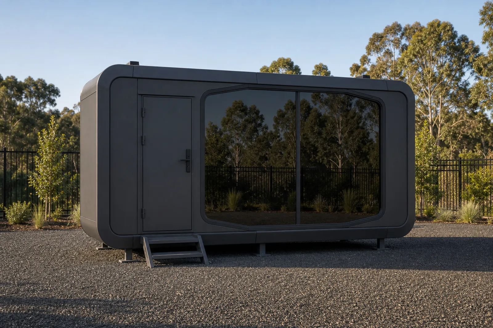 Charcoal capsule home from the long side, sliding glass doors along the full length with the entry door at one end