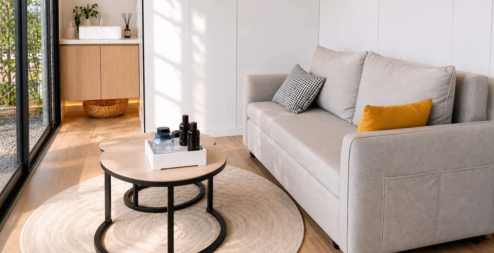 Inside the compact capsule, pale grey sofa with a mustard cushion, round timber coffee table on a jute rug and a timber vanity by the glazed wall