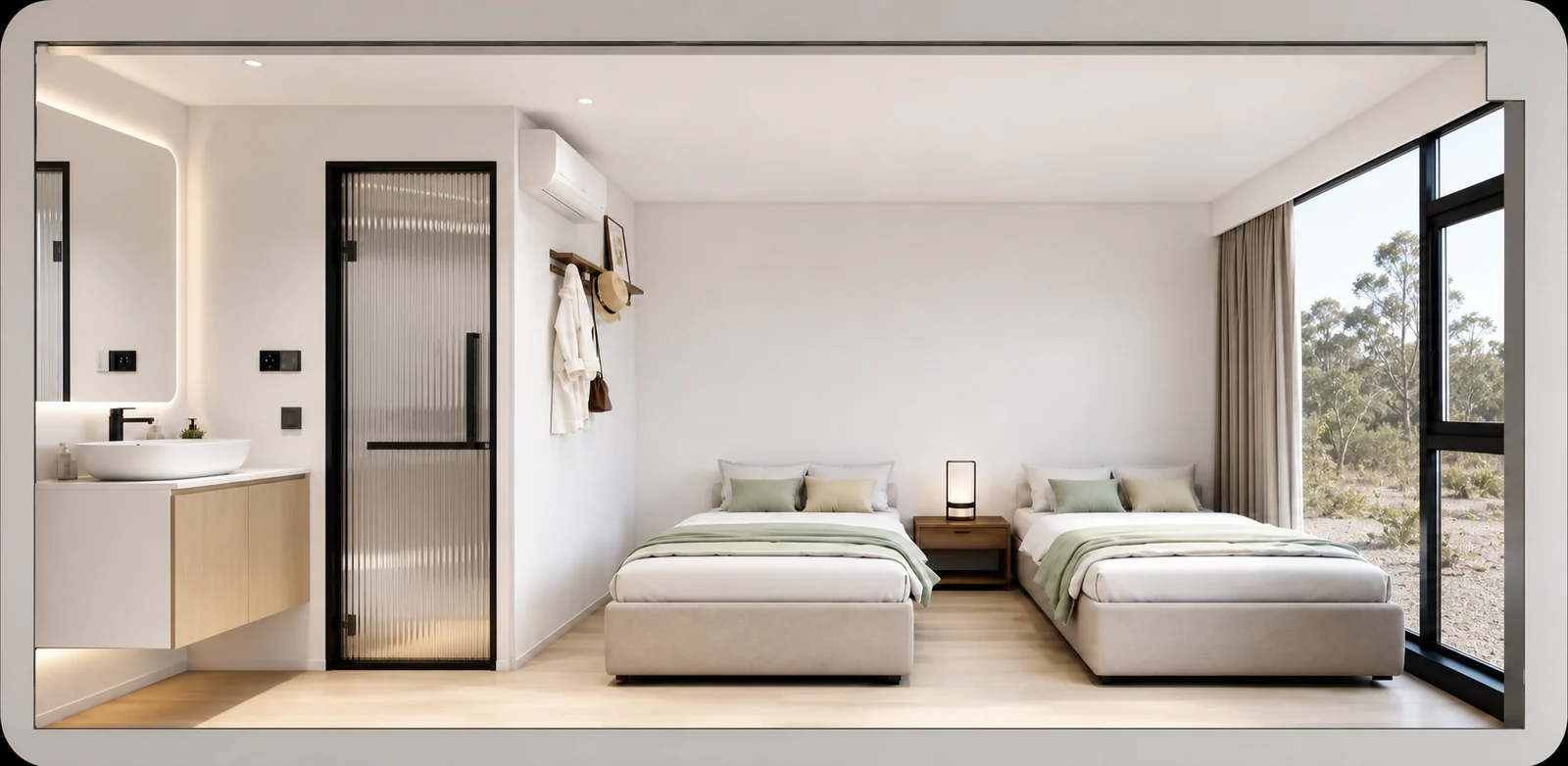 Cutaway of the studio fitted as a twin room, two single beds side by side, a vanity and a fluted glass shower door at the left end