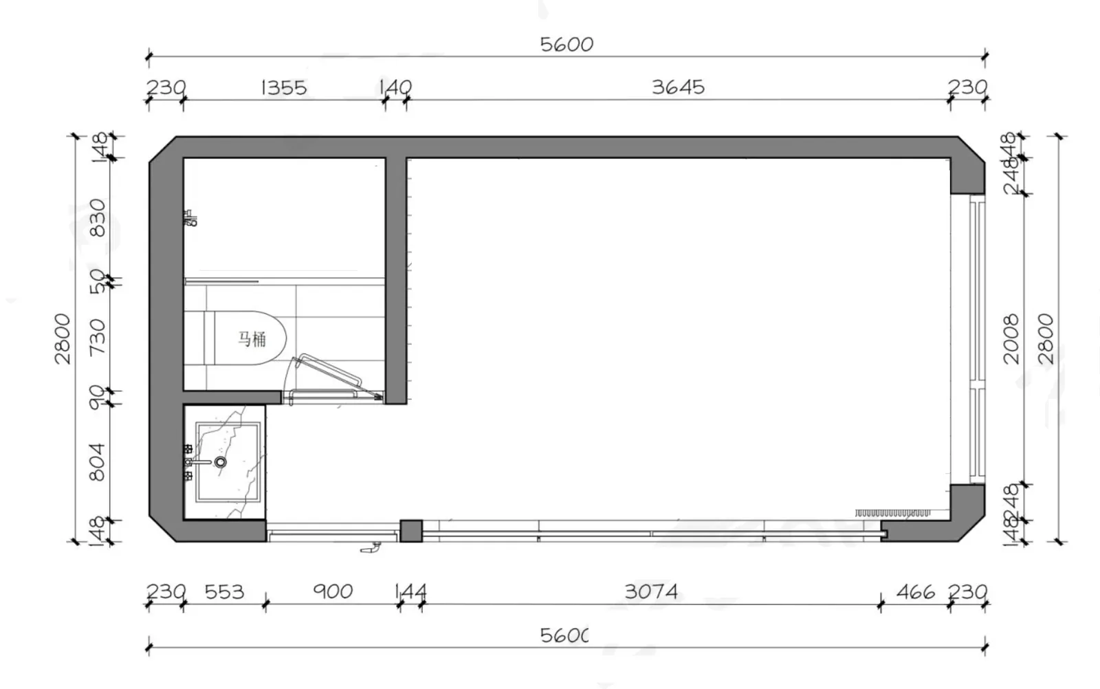 Dimensioned studio layout, 5,600 by 2,800 mm overall, toilet and shower in a separate room at the left end and the open living zone along the glazed front