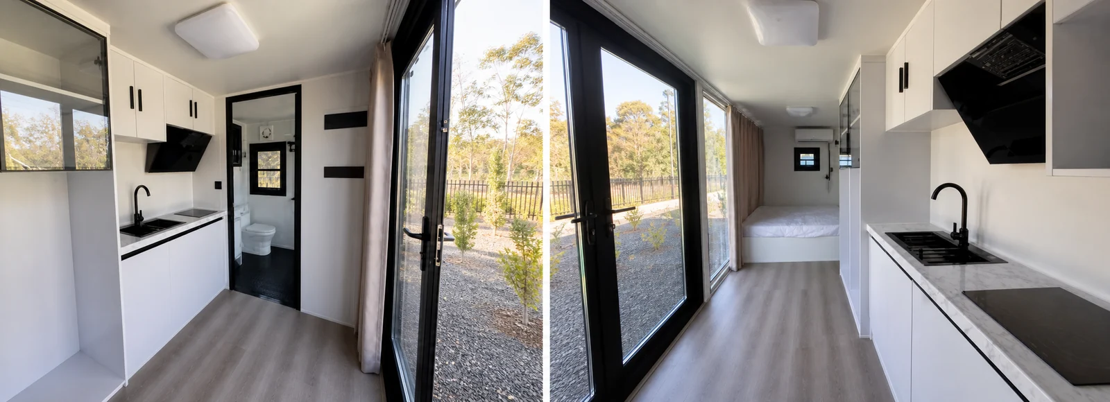 Two interior views of the 5.8 m home side by side, the bathroom with toilet and basin on the left and the kitchen run beside the glazed entry doors on the right