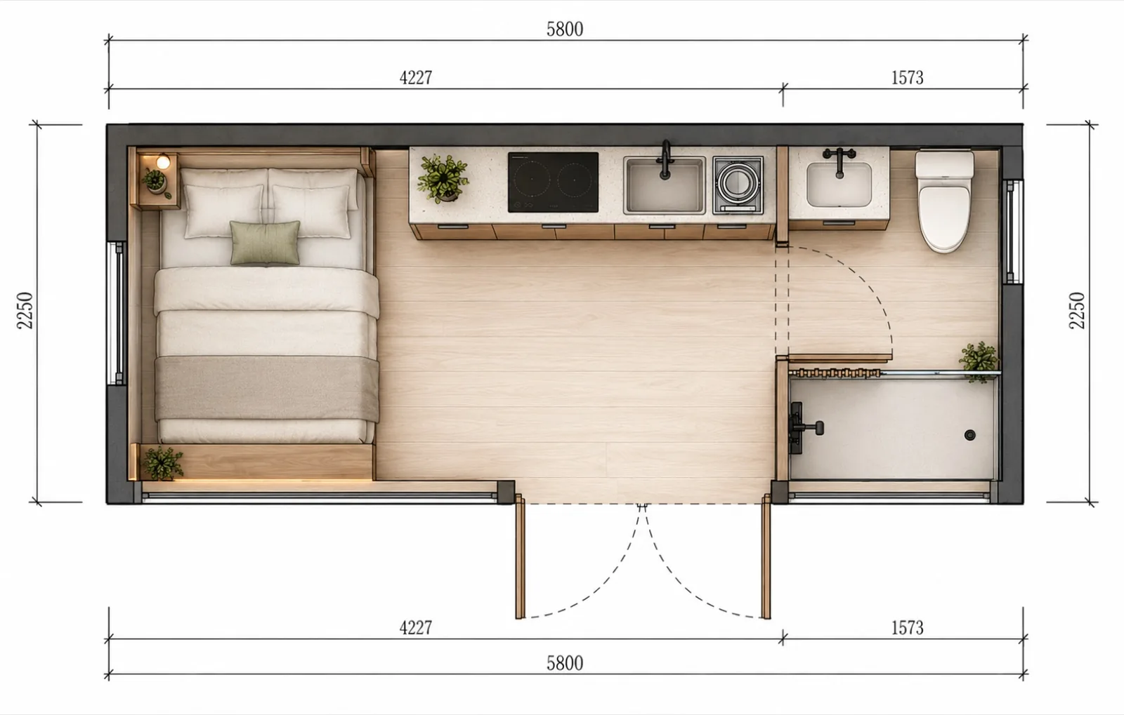 Dimensioned layout, 5,800 by 2,250 mm overall, bed in the 4,227 mm long living zone at one end with the kitchen, toilet and basin in the 1,573 mm wet end