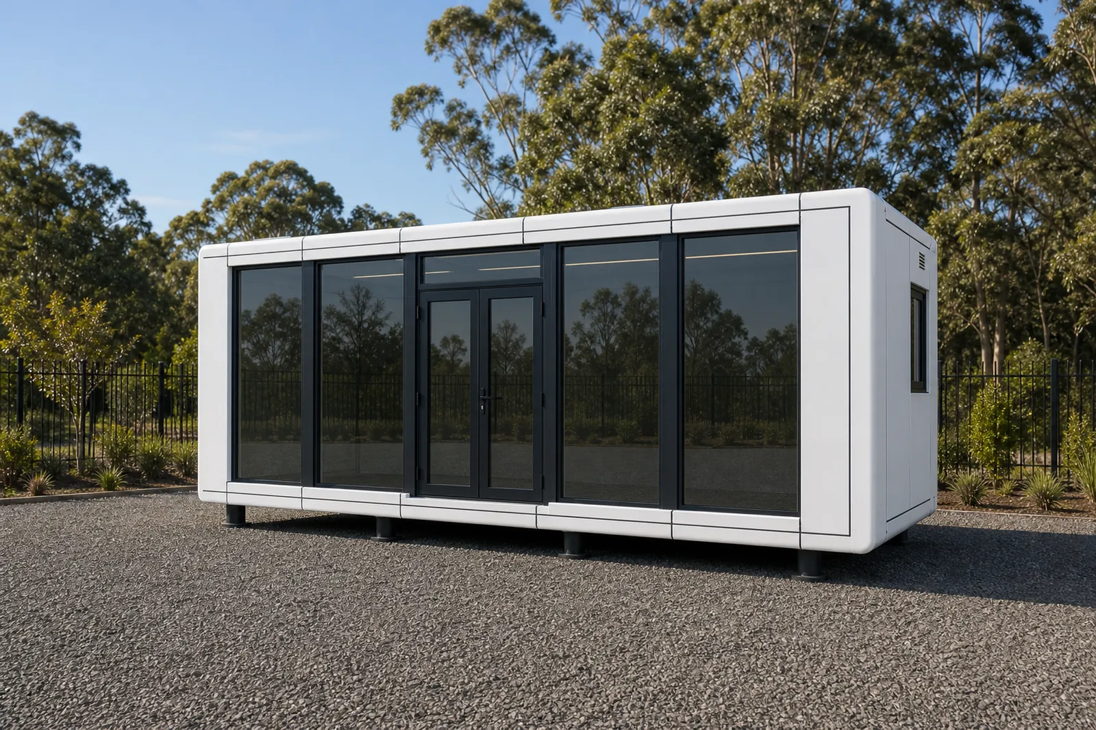 The 8.5 m container fit home from the corner, full length glazed front and plain white side panels, sitting on short steel legs among gum trees