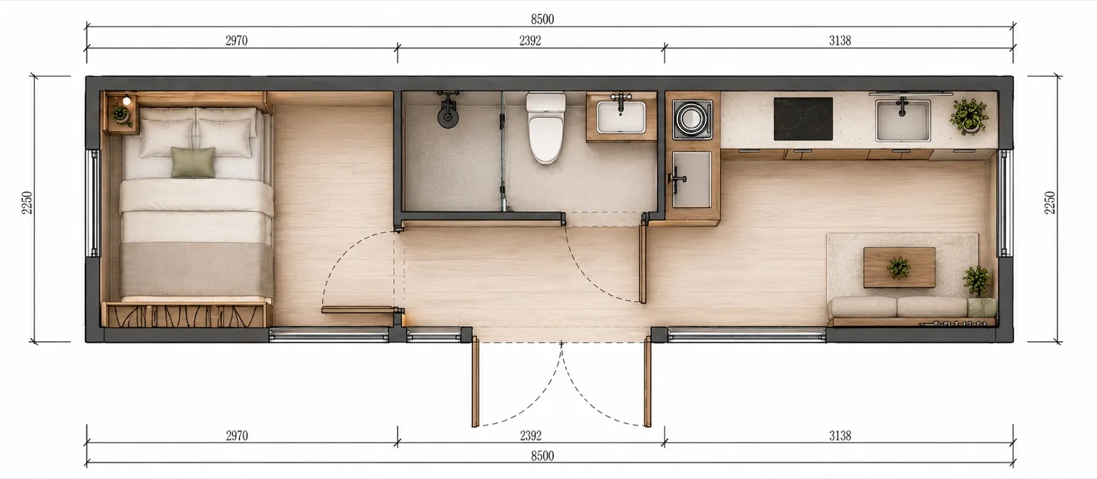 Dimensioned layout, 8,500 by 2,250 mm overall, bedroom in the 2,970 mm end, bathroom and kitchen through the middle and a lounge in the 3,138 mm living end