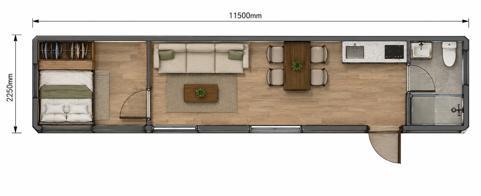 Layout 11,500 by 2,250 mm, bed at the left end, lounge and dining through the middle and the kitchen with the bathroom at the right end