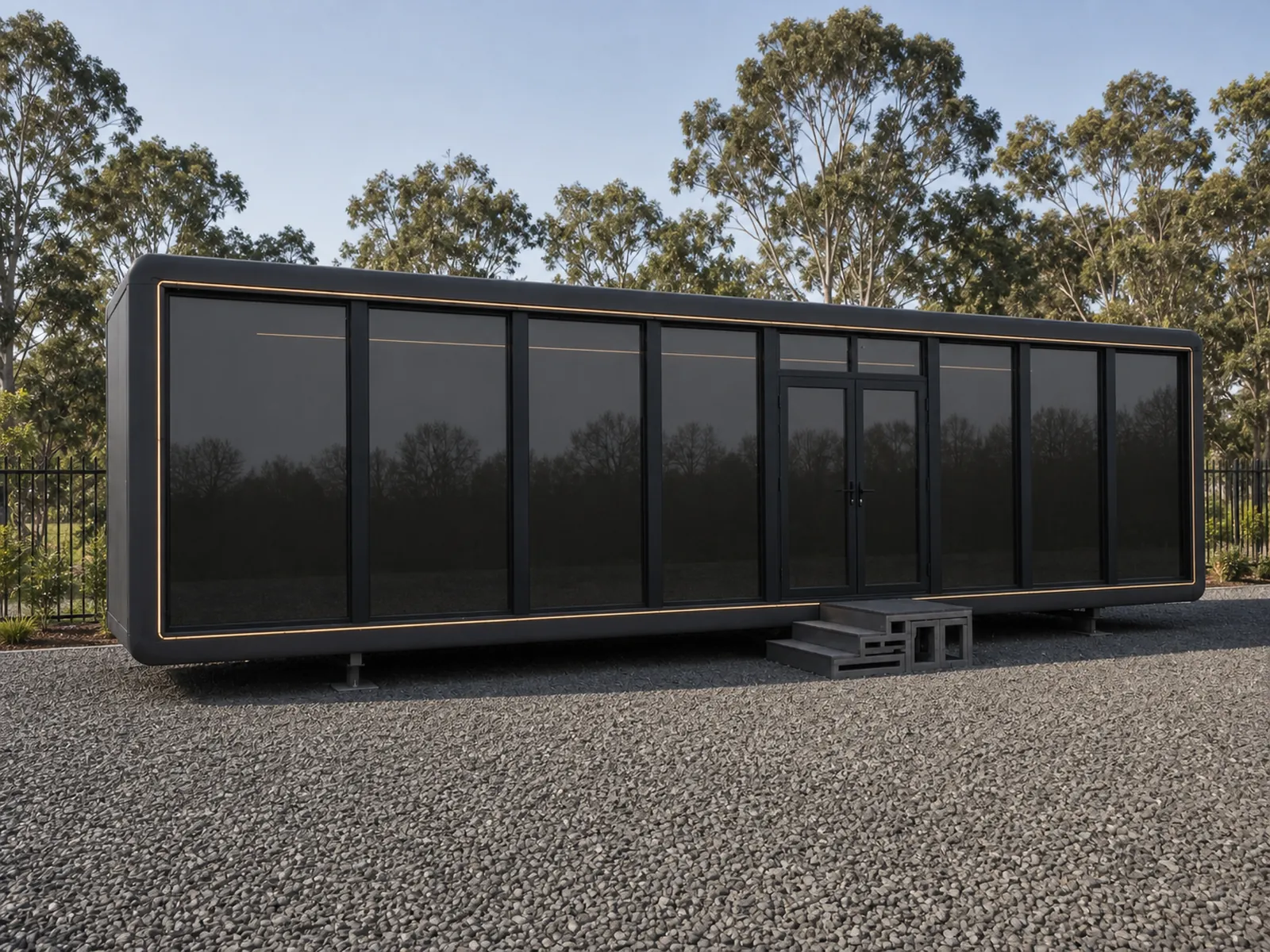 Charcoal version of the 11.5 m two bedroom home at dusk, glazed front reflecting the treeline, with concrete block entry steps at the door