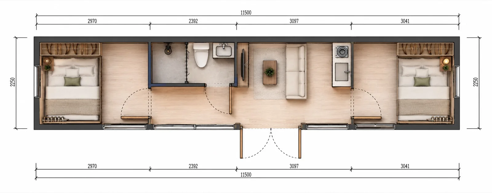 Layout 11,500 by 2,250 mm, a double bedroom at each end, the bathroom and kitchen through the middle and a sofa between them