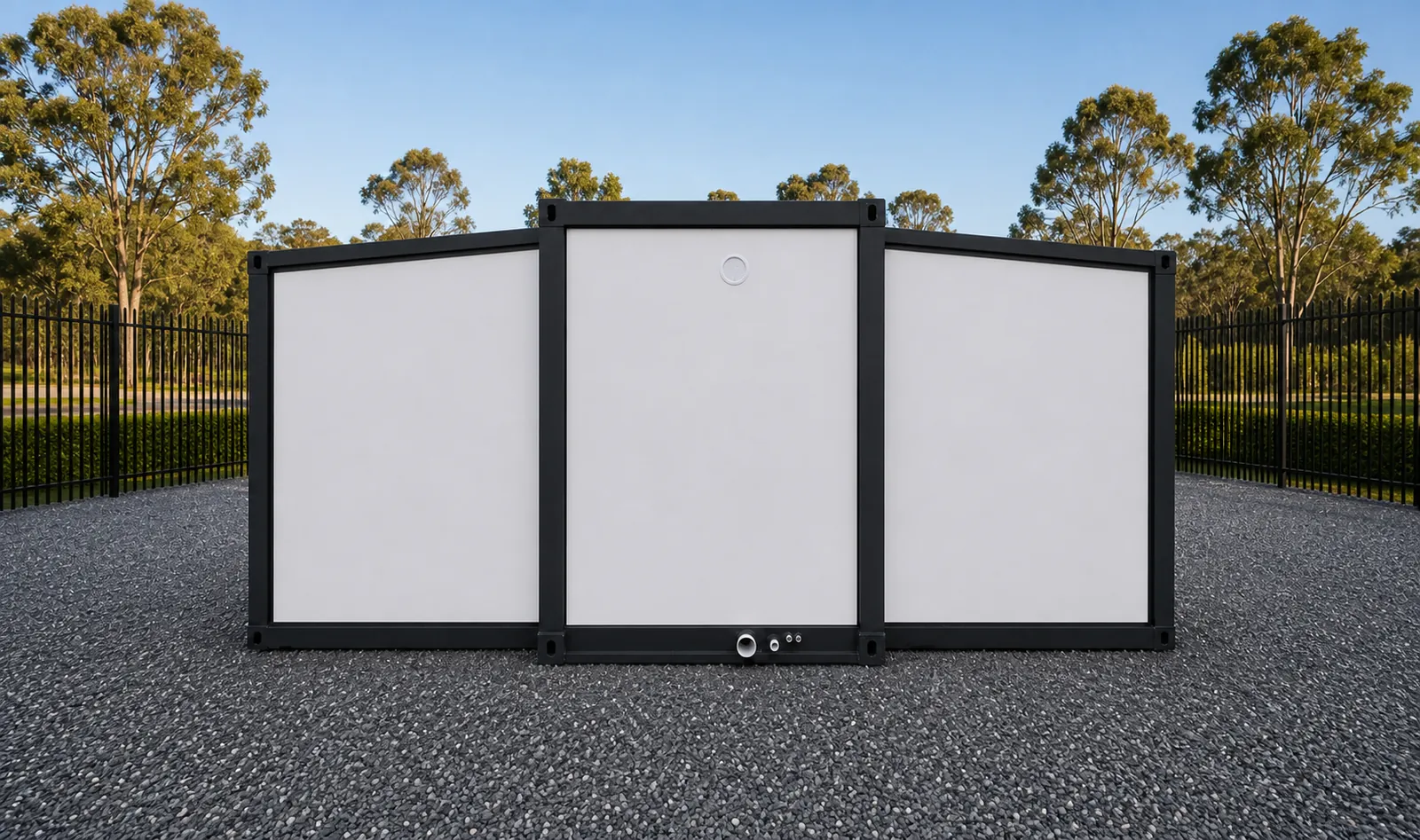 The same unit folded closed for transport, a plain white box with the wing panels shut flat and locking points on the end